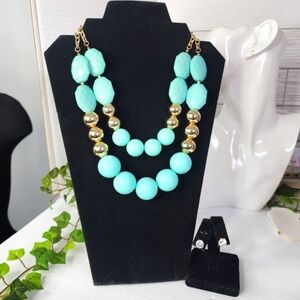 Mint Green and Gold Acrylic Double Strand Necklace Earrings Set